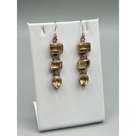 Citrine Glass Sterling Silver Dangles Earrings Dangles Geometric Drops Design - Picture 2 of 8